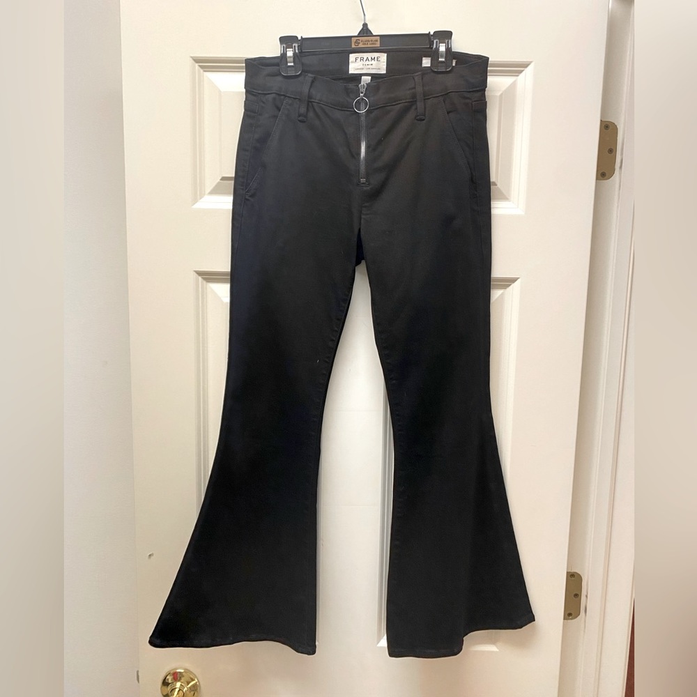 FRAME Denim cropped bell sleeve pants, mid rise with modern zipper detail